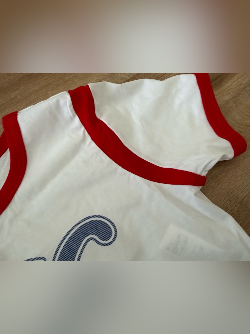 Celine White Short-Sleeve Tee with Red Trim and Blue Logo - Picture 3 of 5